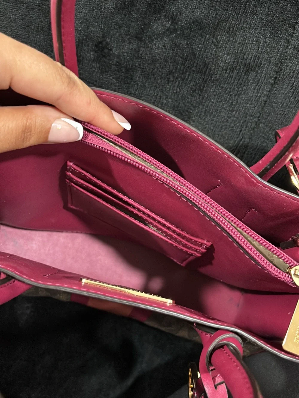 Michael Kors Brown Signature Satchel with Pink and Coral Stripes